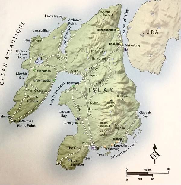 carte origine du whisky côte nord-est de ile Islay