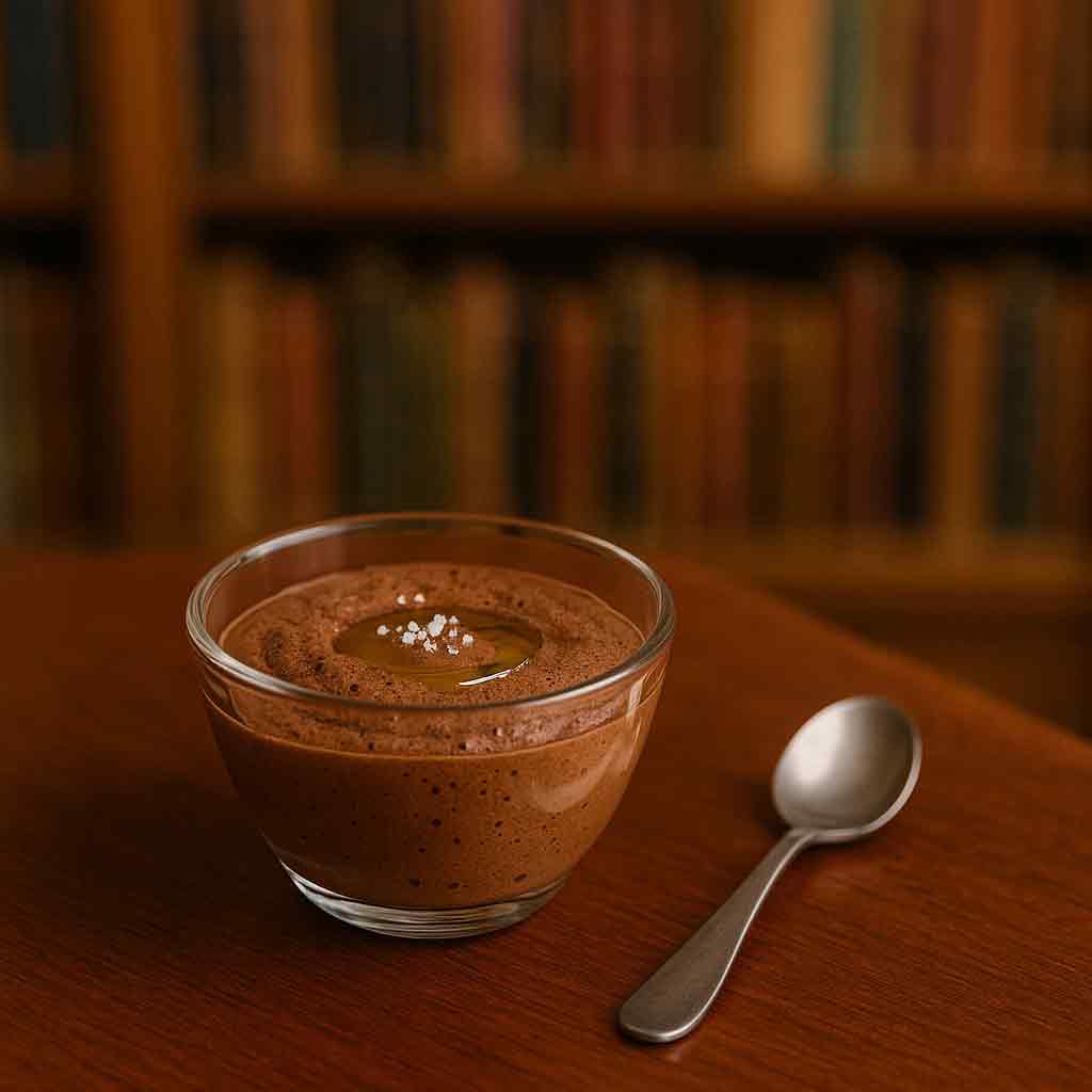 Mousse au chocolat avec son trait d'huile de noisette et sa fleur de sel